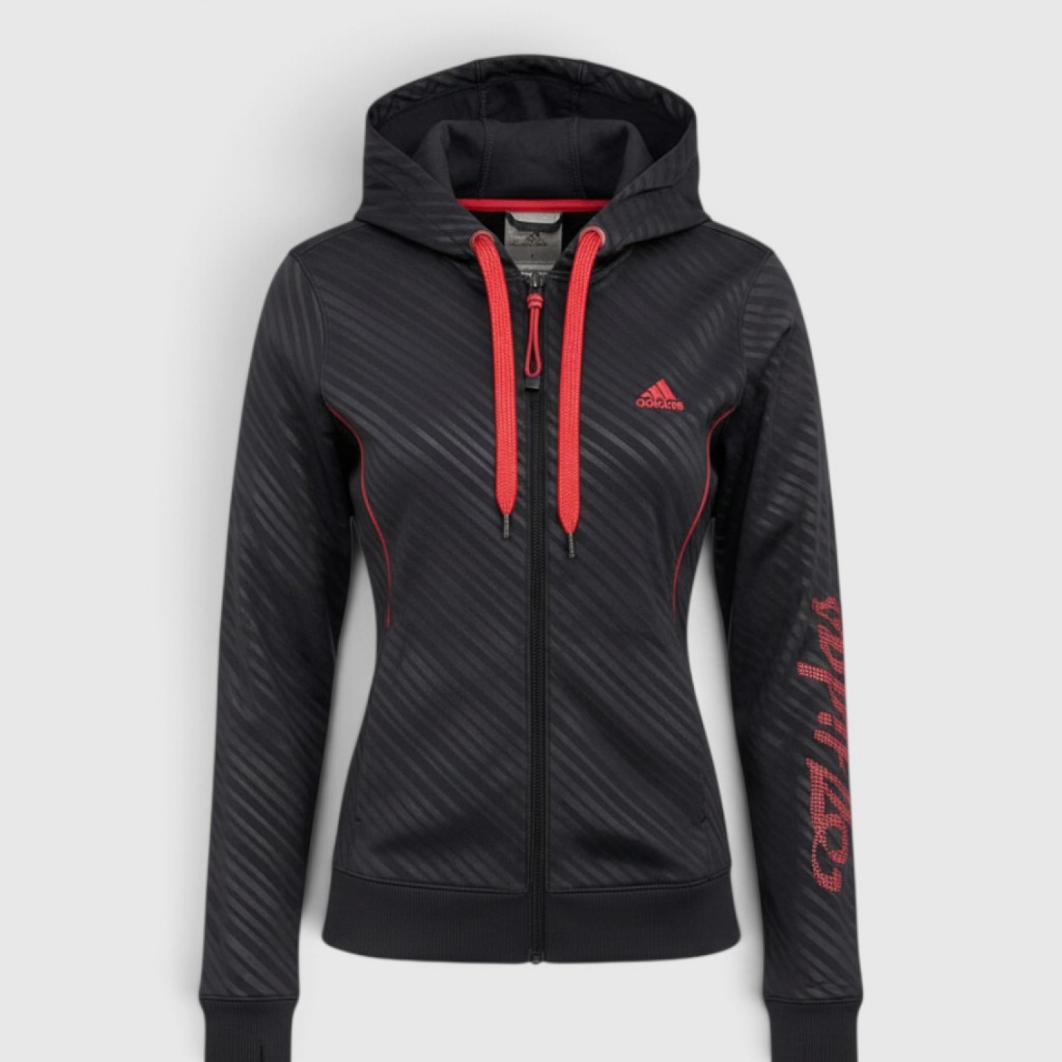 Adidas Climalite Diagonal Striped Full-Zip Hoodie Black & Neon Red / Pre Owned